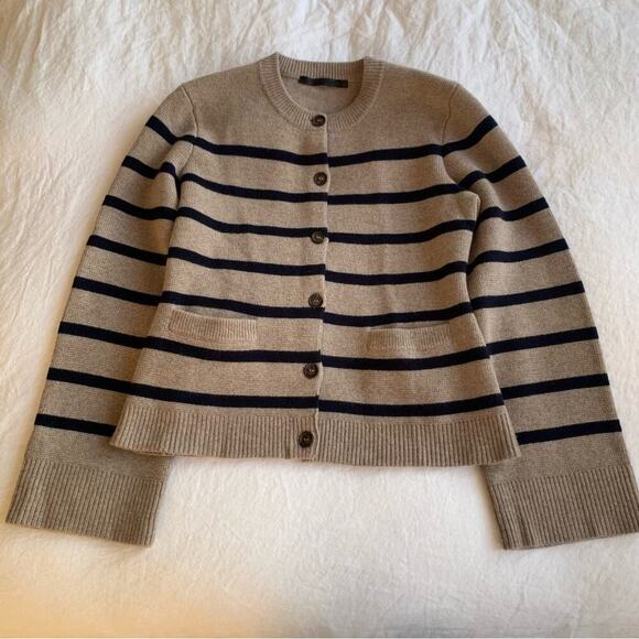 Jenni Kayne Cooper Button Wool Cashmere Knit Cardigan Sweater Taupe Navy Stripe - Picture 4 of 11